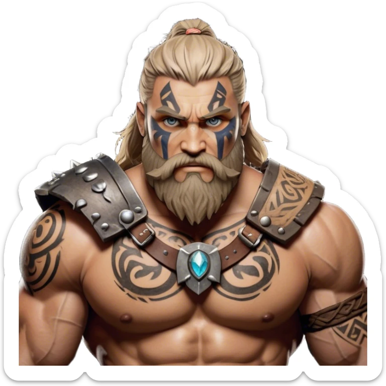 Clash of Clans aesthetic: Cinematic Rugged Barbarian Portrait Emoji, Intense and formidable with a heavily muscled physique, a rugged beard, piercing eyes and battle-worn armor adorned with tribal markings, his complexion a light tan that speaks of hard-fought battles, Simplified yet powerfully detailed features, highly detailed, glowing with a deep, primal energy, high shine, gritty and uncompromising, stylized with an air of raw, untamed power, focused and determined, soft glowing outline, capturing the essence of a barbarian warrior carved by countless battles and poised to lead his clan into epic conflict! sticker