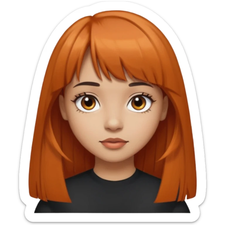 Light skin girl, black to brown orange-ish hair, big brown eyes and medium straight hair with bangs above the eyebrow  sticker