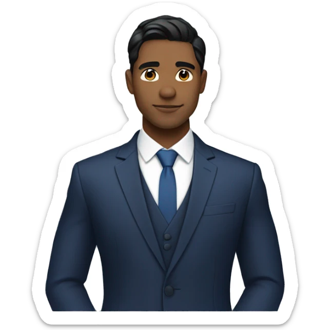 Handsome male, black hair, wearing dark blue suits, Background with buildings, light white skin sticker