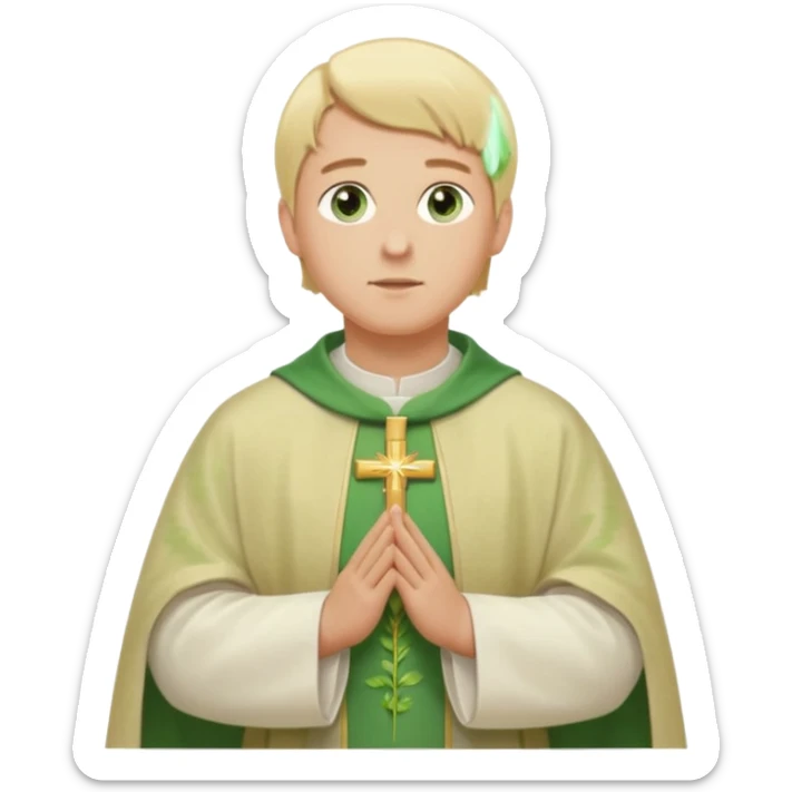 a priest, green eyes, blonde hair, light green chasuble. opening arms, gazing thoughtfully. Soft light, subtle fern. Waist-up, profile. sticker