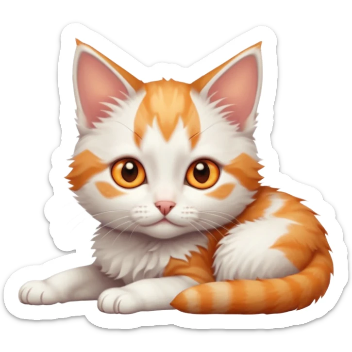 full body of very small + skinny ginger and white kitten with deep orange eyes and triangular shaped face lying down sticker