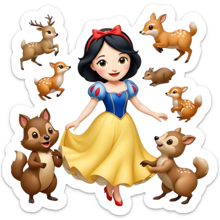 Cinematic Playful Snow White Portrait Emoji, Laughing while dancing with woodland animals, dress twirling gracefully, a whimsical sparkle in her eye, radiating charm and pure delight! sticker