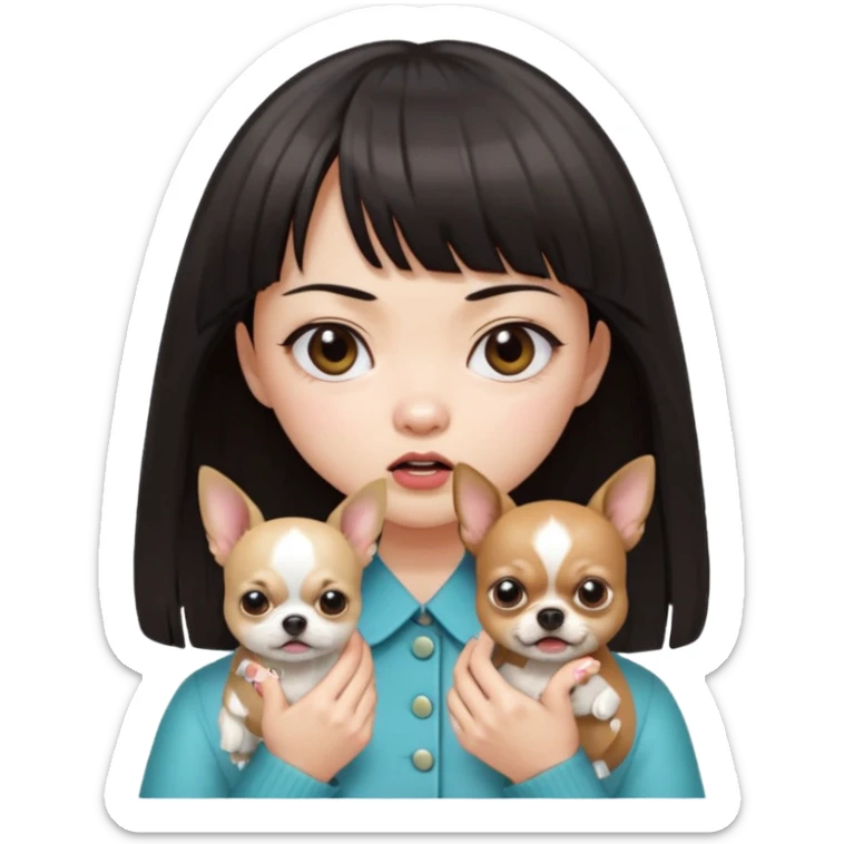 a pretty Asian girl, with hair bangs, pale skin, with manicure holding a chihuahua in her, angry sticker