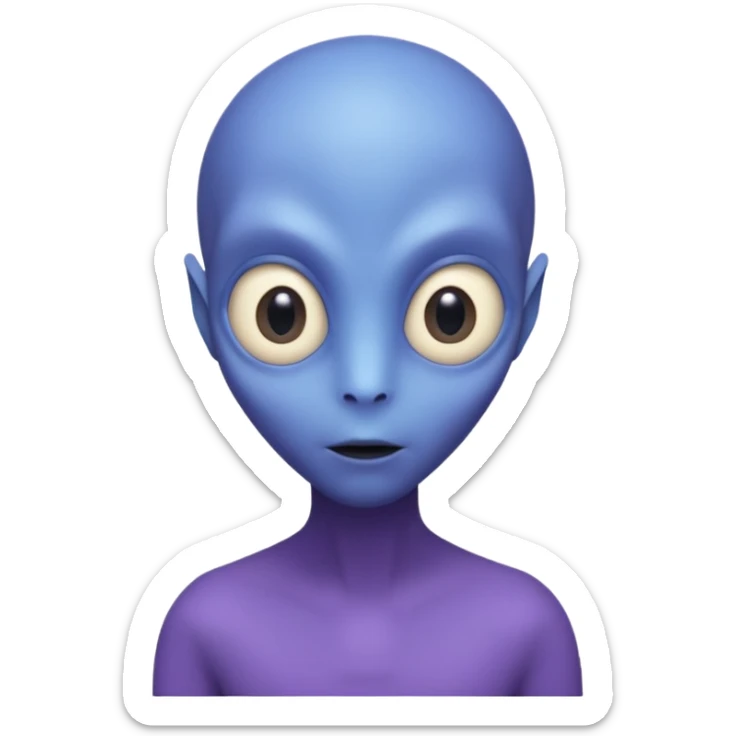 Portrait of an alien with smooth purple-blue skin, large black oval eyes, small nose, and no visible ears, elongated head, front-facing, wearing brown t-shirt, soft glow, simple futuristic design sticker