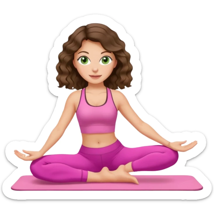 White, green-eyed, brunette cute feminine lady emoji with wavy hair doing pilates wearing pink pilates fit sticker