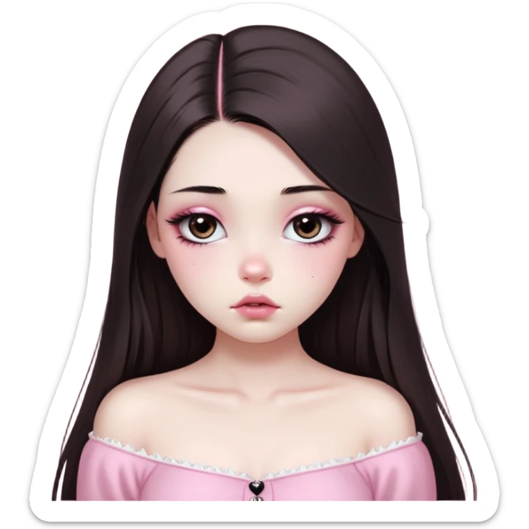 girl with white skin, dark brown long realistic straight hair with middle part prominently falling in front of her body over her shoulders, very big pouty extra shiny lips with absolutely no cupid's bow, big round shiny eyes with black eyeballs and huge eyelashes, no eyeshadow, pink blush on cheeks, lighter button nose, very long oval-shaped face, wearing a pink off-shoulder top, looking directly at camera with hands down at sides sticker