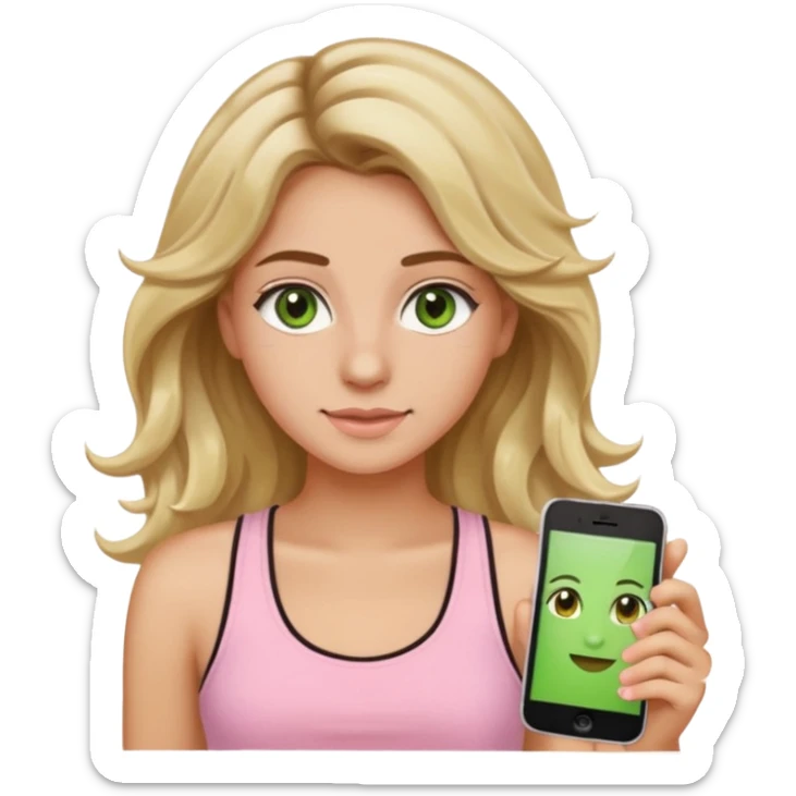 20-year-old girl with long wavy hair brown roots blonde highlights green eyes brown eyebrows good summer tan iPhone emoji style can you make her wear a light pink tank top sticker