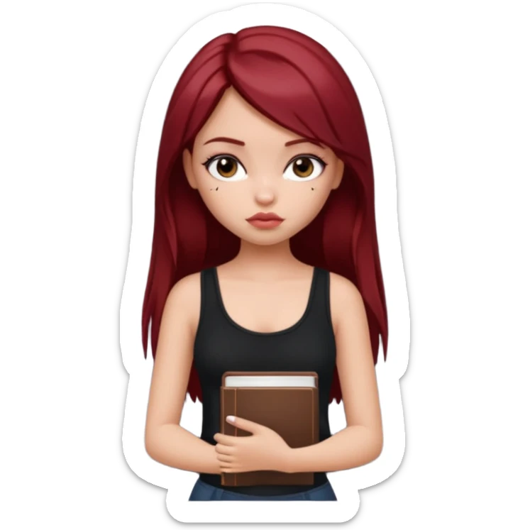 a pretty bratz fair girl with dark red straight hair, black cami top, looking sad holding books. looking sad sticker