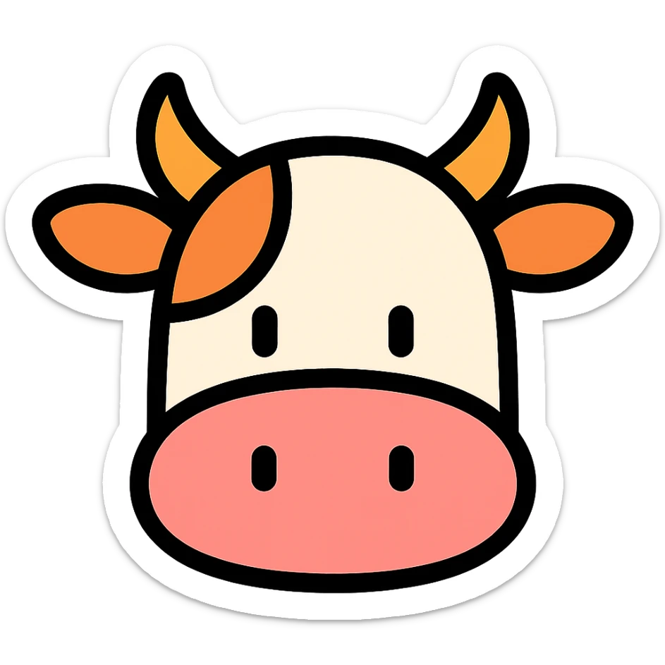 Show only the cow's head in a color outlined icon style with black outlines and color fill, playful and modern, no background. sticker