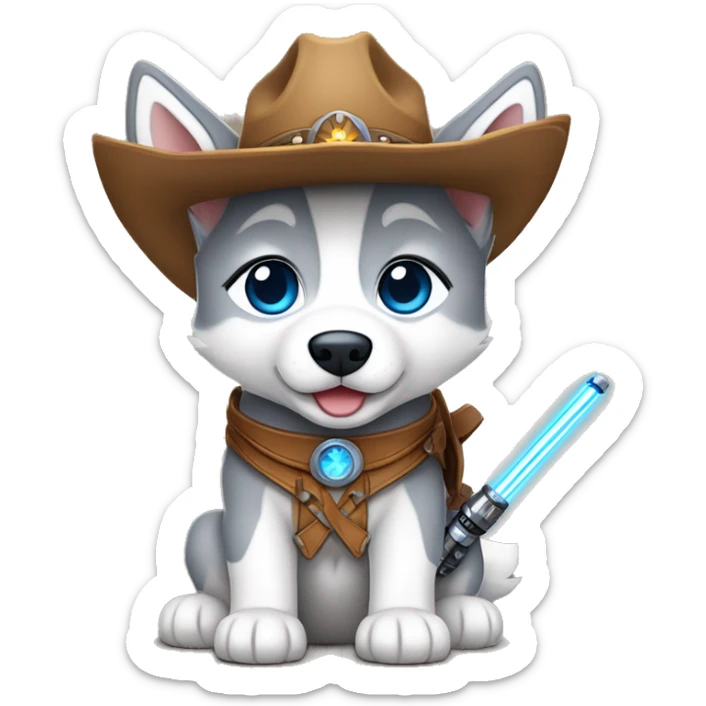 Gray Siberian Husky with blue eyes puppy wearing a cowboy hat dressed in Jedi clothing Holding a Lightsaber with the Paw sticker