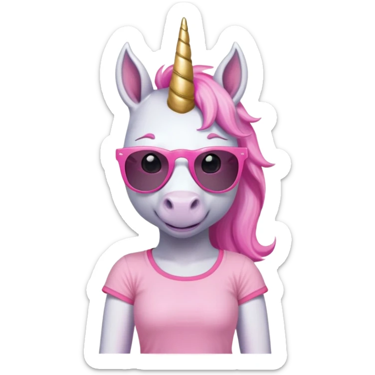 friendly anthropomorphised female unicorn with horse-like face, in tutu and pink t-shirt, wearing dark sunglasses, relaxed pose, close-crop head and shoulders portrait sticker