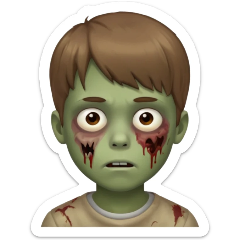 quero um emoji de um menino com pele de zumbi cabelo castanho claro e de franja olhos menores boca fechada  sticker