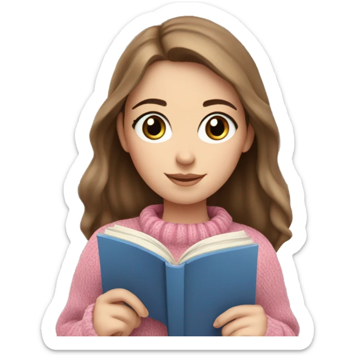 Pretty white girl with blue eyes and brown hair in pink cozy sweater reading book sticker