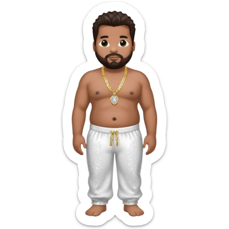 Fatman Scoop with dark brown hair, white sequin baggy pants, shirtless with necklace sticker