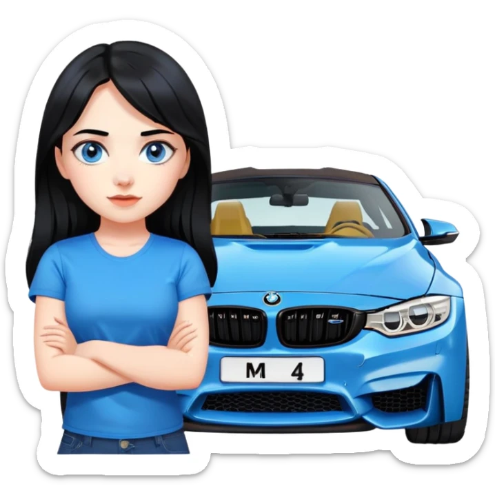 Make a cute Russian girl with black hair and blue eyes with a BMW m4 sticker