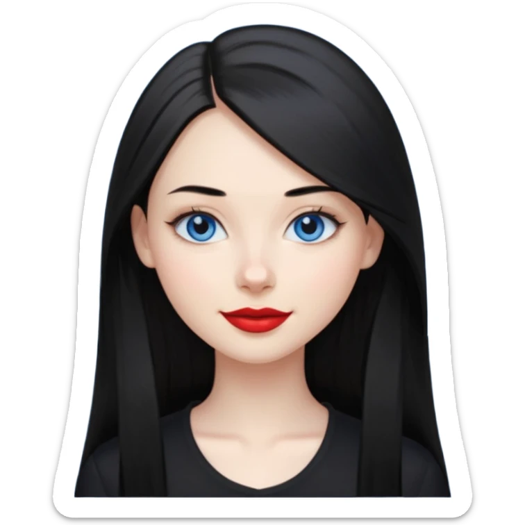 20 yr old woman long straight black hair, pale skin, blue eyes, red lipstick, black clothes, small smile sticker