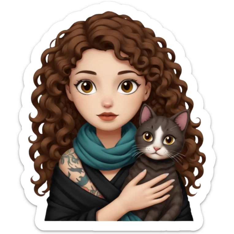 bust woman long curly brown hair brown eyes white skin tattoos with black cat wrapped around shoulders like scarf sticker