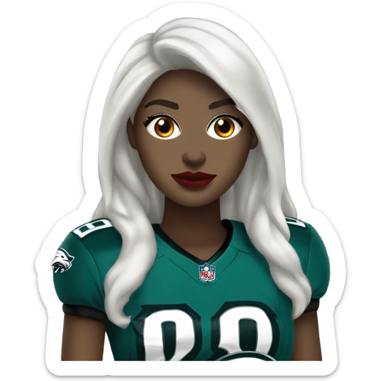 White female long dark hair red lips wearing Philadelphia Eagles jersey sticker