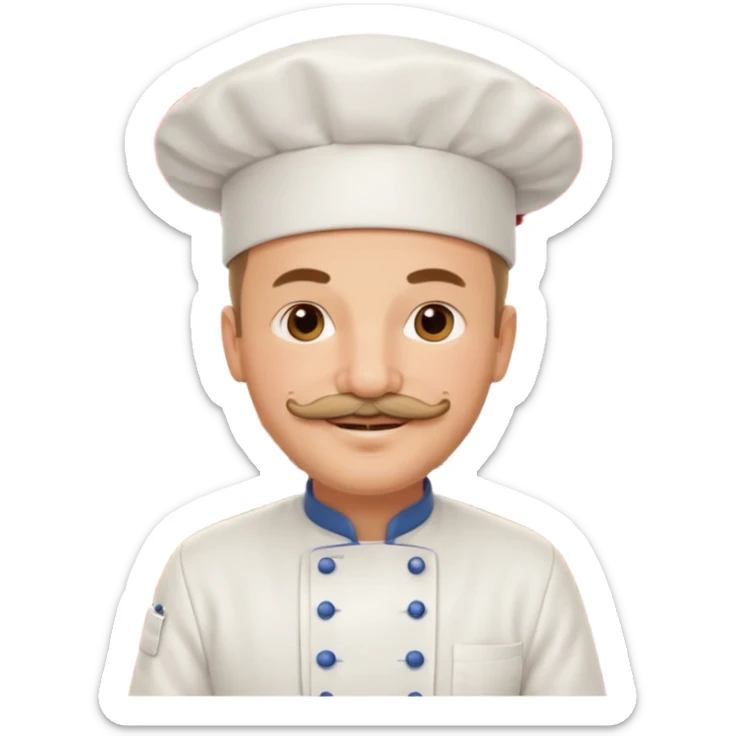 Est-ce que tu peux me faire un chef cuistot qui ressemble à Philippe Etchebest et qui est devant un restaurant? Est-ce que tu peux le faire souriant, avec une moustache de cuistot? 
 sticker