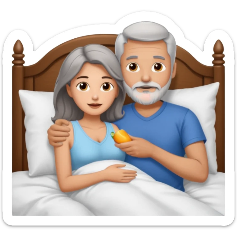 Man with grey hair and beard, and beautiful brunette woman spooning in bed sticker