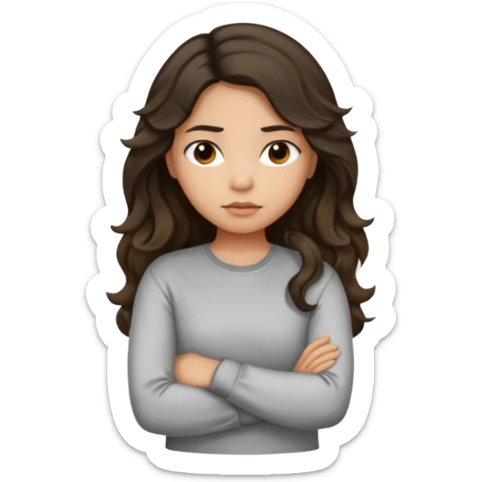 Hispanic light tan girl with long dark wavy hair slightly pouting and arms crossed. Wearing a long sleeve. Hair with middle part. sticker