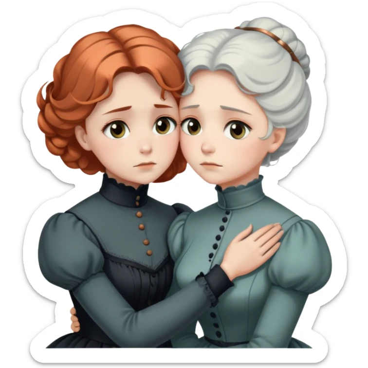 Two Victorian women in a sad intimate hug, one with white coiffed hair and one with copper coiffed hair, both with grey eyes, wearing Victorian turtleneck dresses sticker