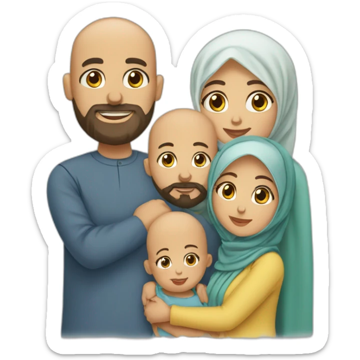 Muslim family with bearded and bald husband, hijab wife, Two boys and a new born daughter sticker