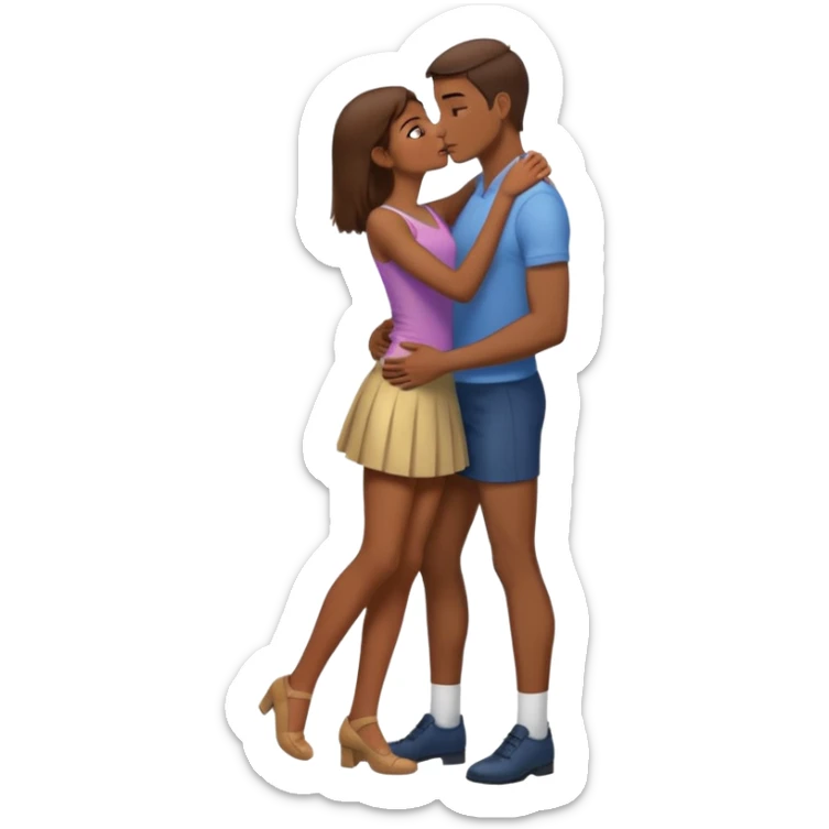 A naked girl with brown hair and bare small breasts openly kisses a tall guy with brown hair full-length on the lips. she is with naked boobs She is wearing a very short skirt and is in full height.she also all naked boobs She holds the man by the neck and has one leg raised and he holds that leg. sticker