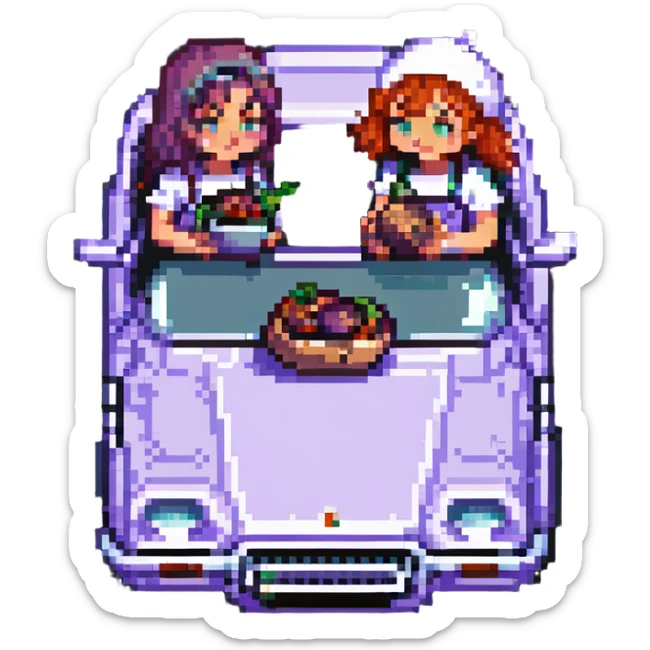 two girls eating an aubergine on the hood of a car, pixel art style sticker