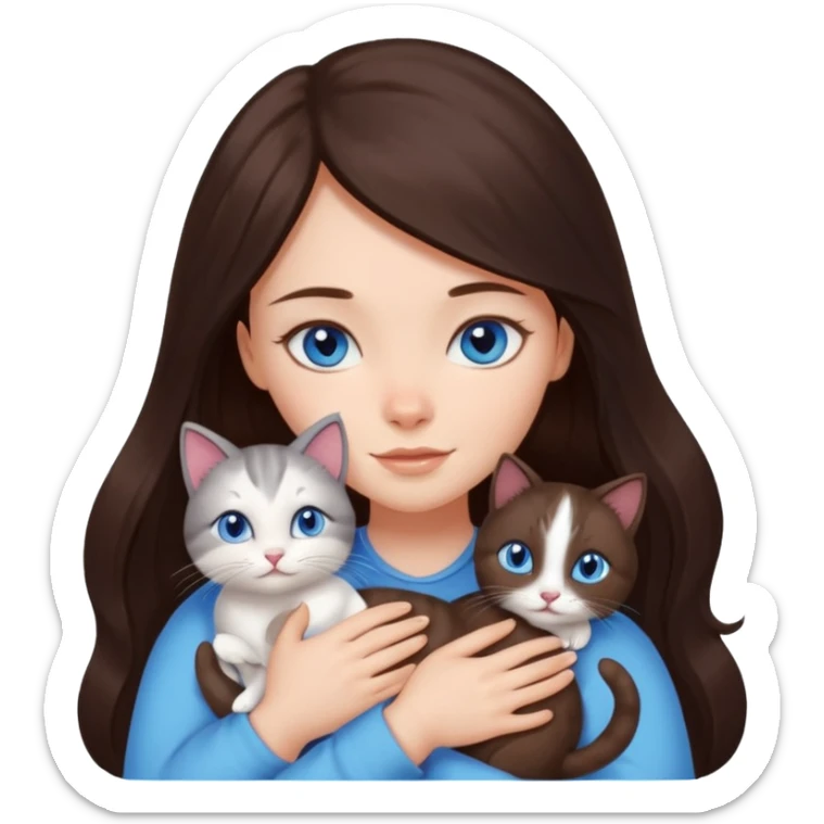 a pretty girl with long dark 
brown hair, with blue eyes, hugs 3 different natural coloured small cats sticker