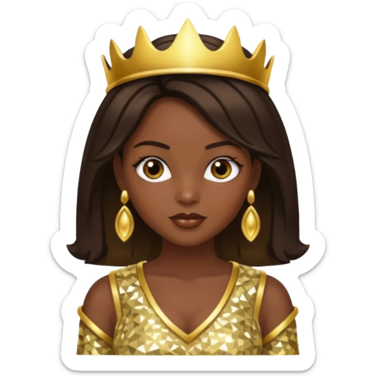 Bilquis from American Gods with dark skin, dark brown hair, gold outfit sticker
