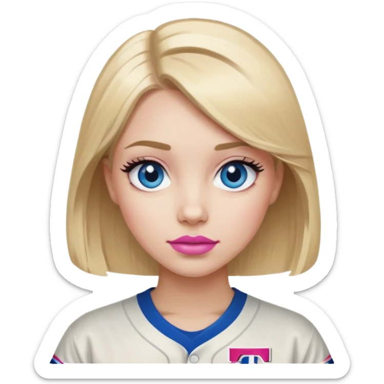 Blonde hair, blue eyes, pink lips, lashes, long bob haircut, wearing Texas rangers baseball shirt sticker