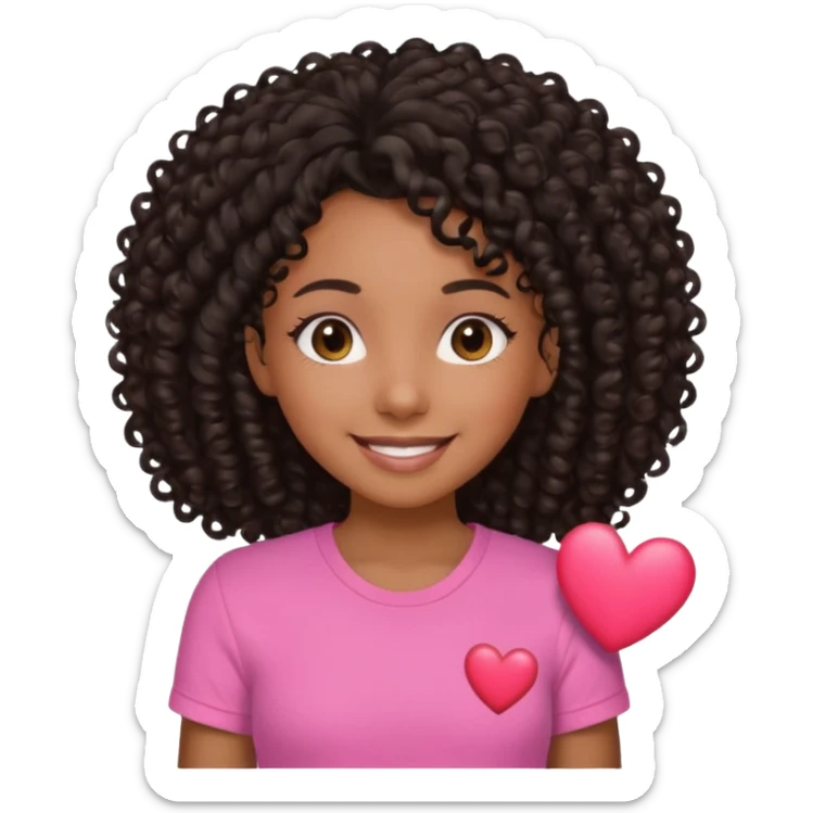 A brown skin girl with a black curly 4C hair and she has a pink Shirt that has a heart  sticker