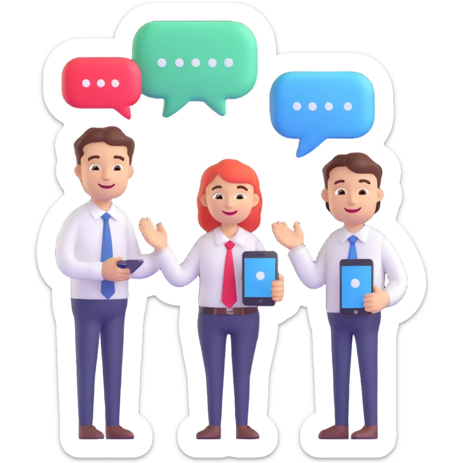 3D emoji style illustration of a friendly employee and a happy customer interacting, with dynamic elements like chat bubbles, a handshake, and digital devices, representing reinvented customer engagement sticker