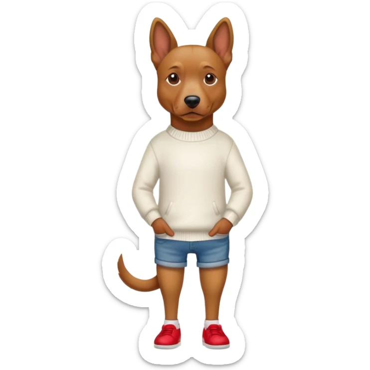 Brown dog standing upright with hands in jean pockets, wearing a white sweater and red shoes sticker