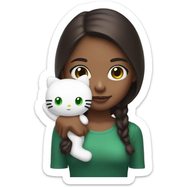 Give me a girl with green eyes and dark brown hair holding a hello kitty plushy sticker