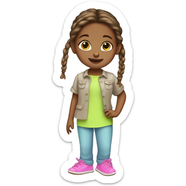 Little girl with a brown braid wearing a light blue shirt, neon green pants, pink slippers sticker