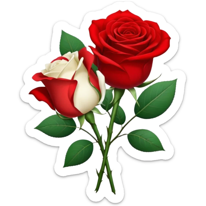 One red flower and one white flower in transparent bouquet with red band  sticker