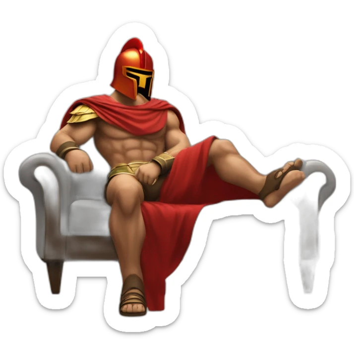 The Spartan Leonidas and his red cape with a cocktail in hand and his helmet under his arm relaxing on a sofa. sticker