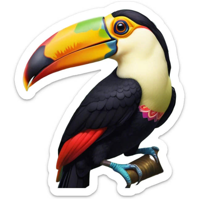 Cinematic Noble Toucan Portrait Emoji, Poised and regal, with a vibrant, striking beak and a sleek, colorful body adorned with bold patterns and keen, observant eyes, Simplified yet sharp and sophisticated features, highly detailed, glowing with a soft, tropical radiance, high shine, intelligent and majestic, stylized with an air of exotic elegance, focused and alert, soft glowing outline, capturing the essence of a watchful and confident avian guardian that appears ready to take flight out of the screen with effortless authority! sticker