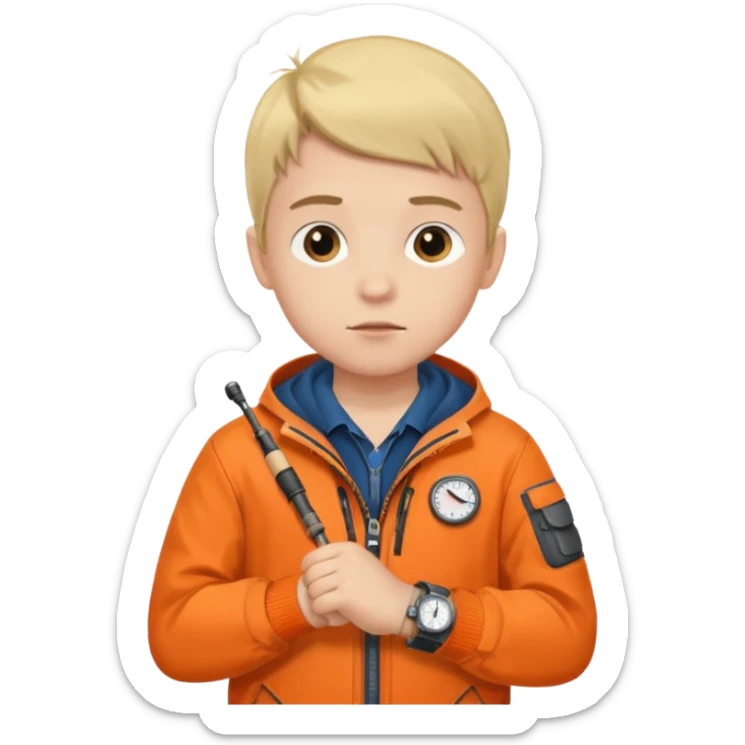 Boy in fishing suit looking at his wristwatch sticker