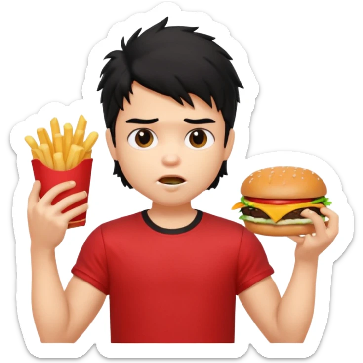generate a pretty fair bratz boy with a messy mullet (black hair), wearing a red tshirt. eating a burger and fries, big biceps sticker