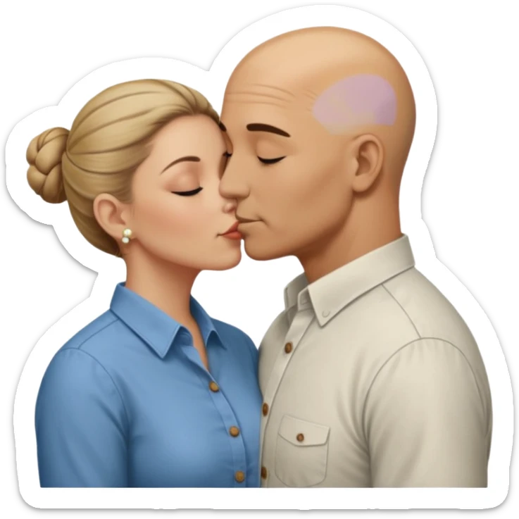 Mid aged Hispanic bald man kissing mid aged dark blonde white woman. She’s wearing a bun. He’s wearing a button down shirt. sticker