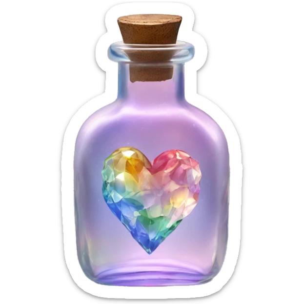 Antique oil heart bottle made of crystal glass of all gentle colors of the light rainbow, a living flower fairy sits at the bottom of the bottle sticker