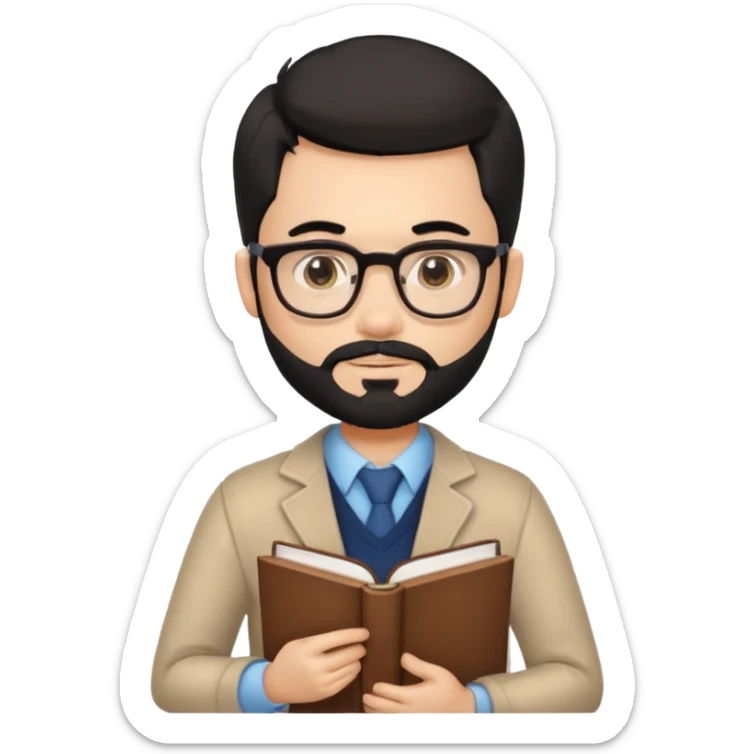 a pretty bratz teacher male with black hair, spectacles on, holding a book in hand and a chocolate in the other. bearded sticker