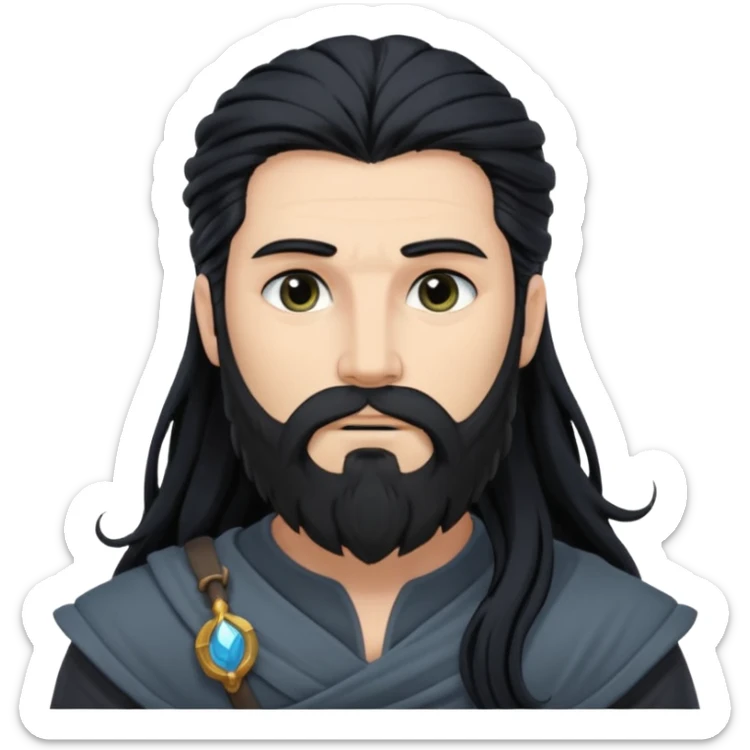 Boreas, North Wind God from Rome Mythology with long jet black hair and beard, dark gray outfit sticker