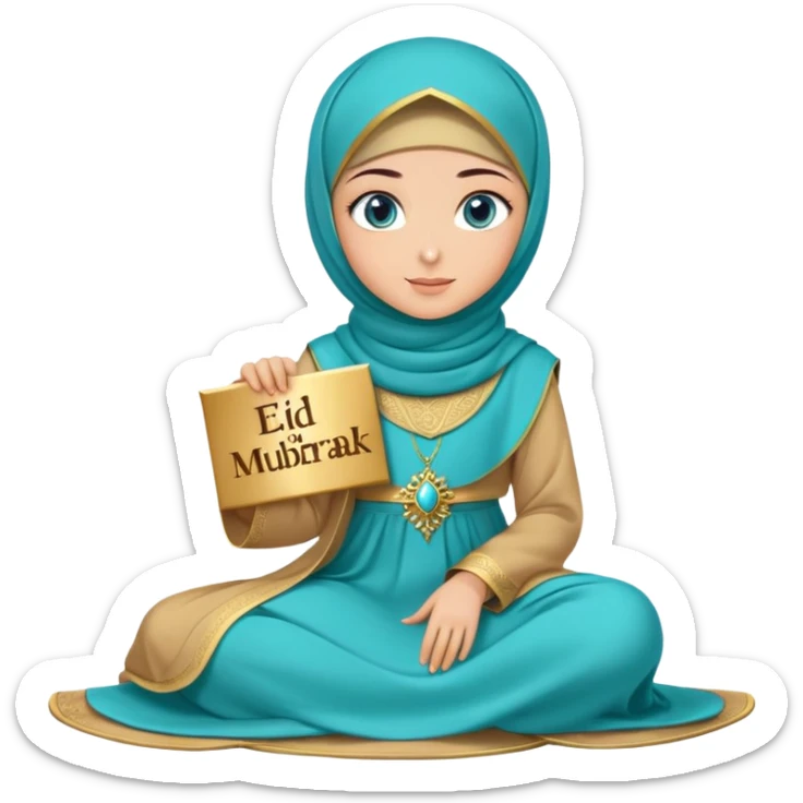 Turkish beautiful finish Konya girl blue eyes with gold hijab and islamic long tailed turquoise dress on the ground and had on her hand text Eid Mubarak  sticker