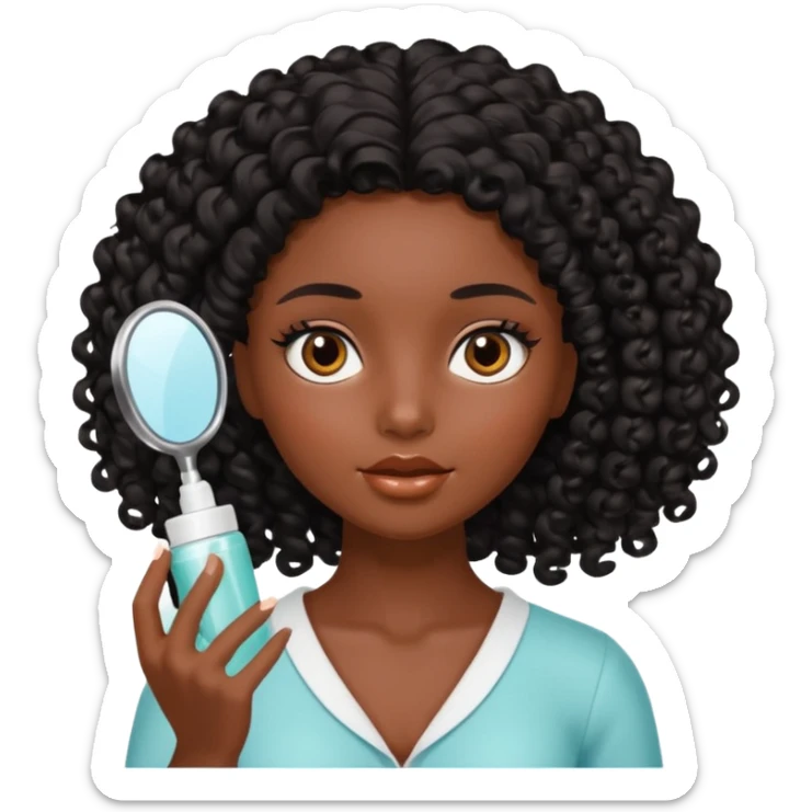 Uma boneca morena escura com olhos castanhos e cabelo cacheado longo preto, fazendo skin care sticker