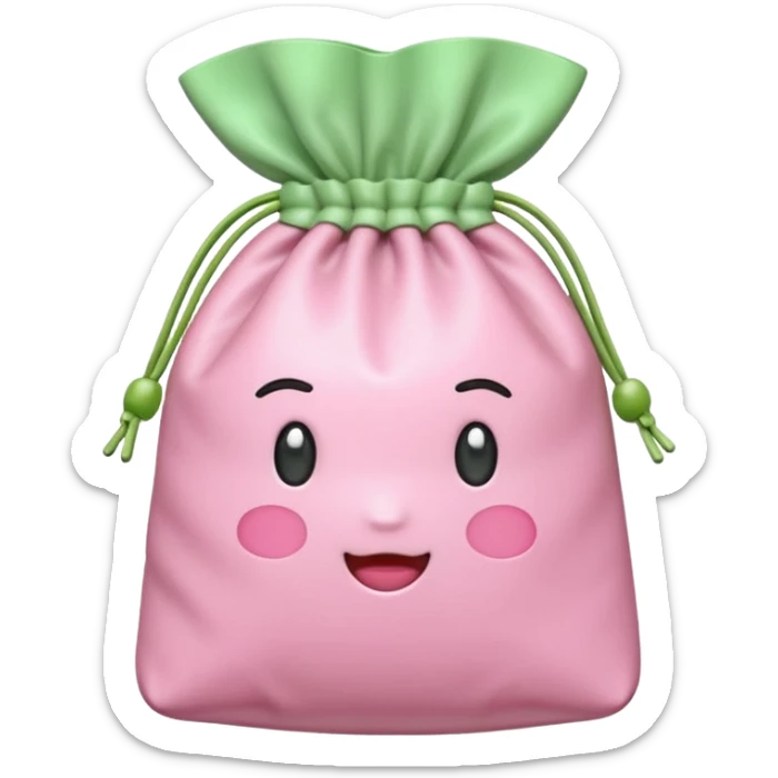A Korean fortune pouch (bokjumeoni) in iPhone emoji style, pastel pink and light green colors, soft 3D glossy texture, centered, no outlines, transparent background. sticker