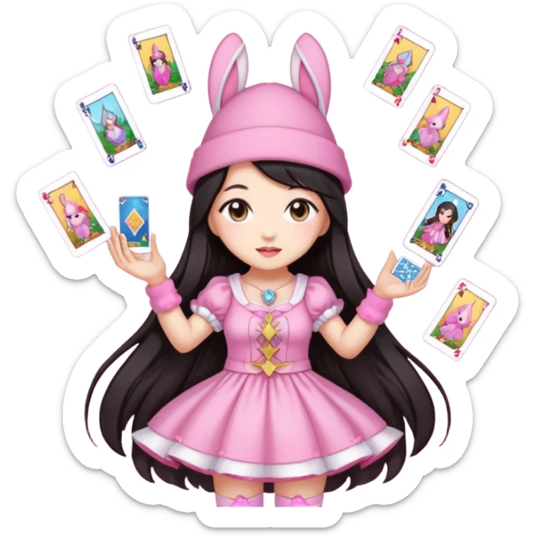 pixel art chibi asian girl with dark long hair in pink bunny hat magical girl with tarot cards thrown in air pixel emoji sticker